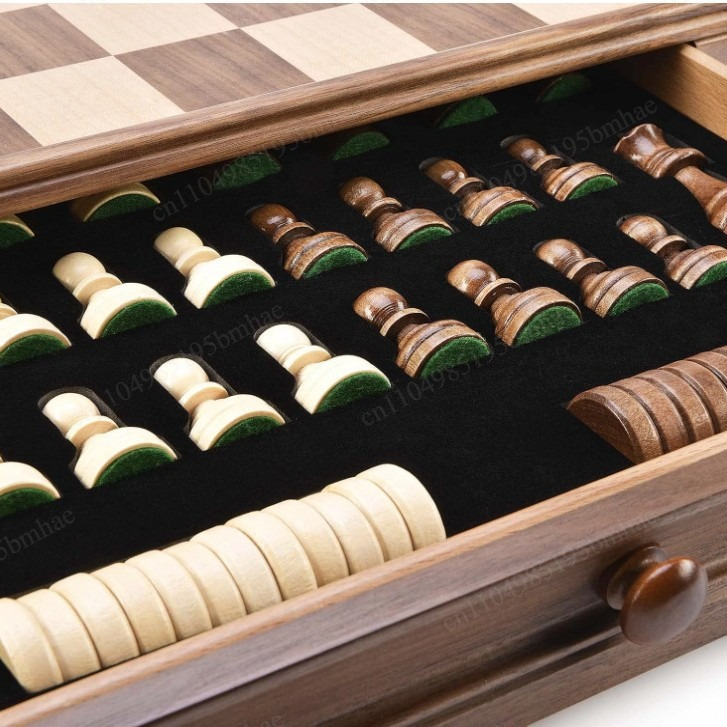 Chess Set Wooden - Ceviz ağacından yapılmış satranç-dama seti çekmeceli/yüksek